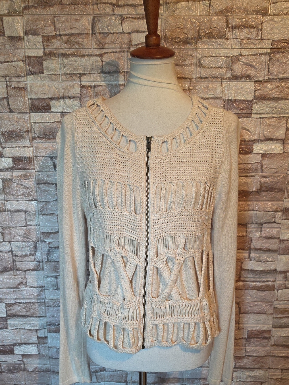 Chico's Women’s Cream Crochet Front Zip Sweater Cardigan